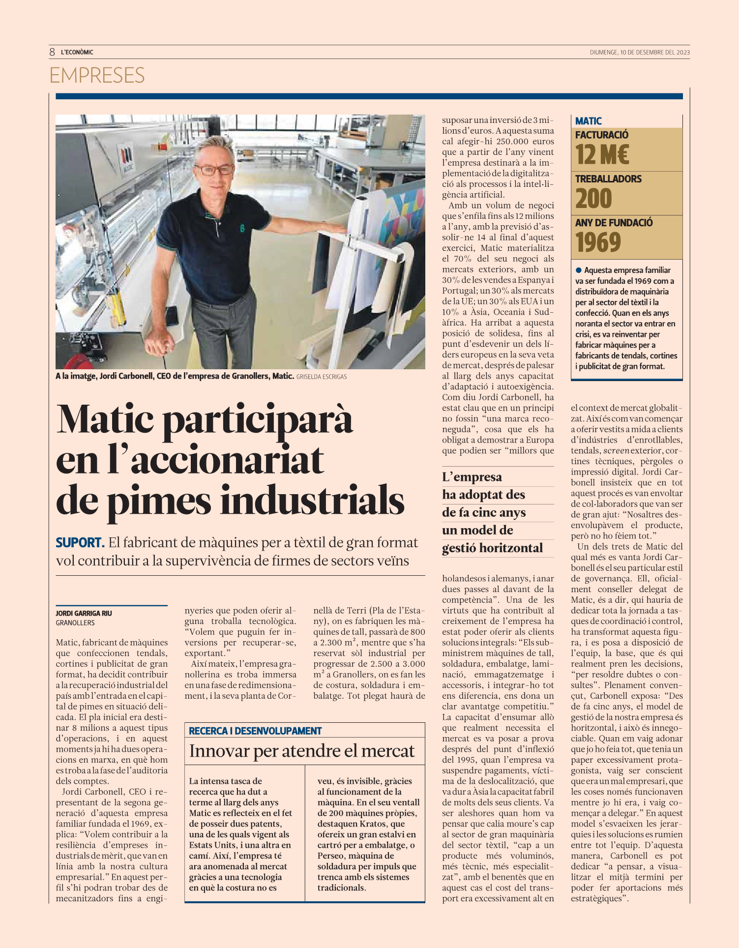 Matic participar en el accionariado de pymes industriales